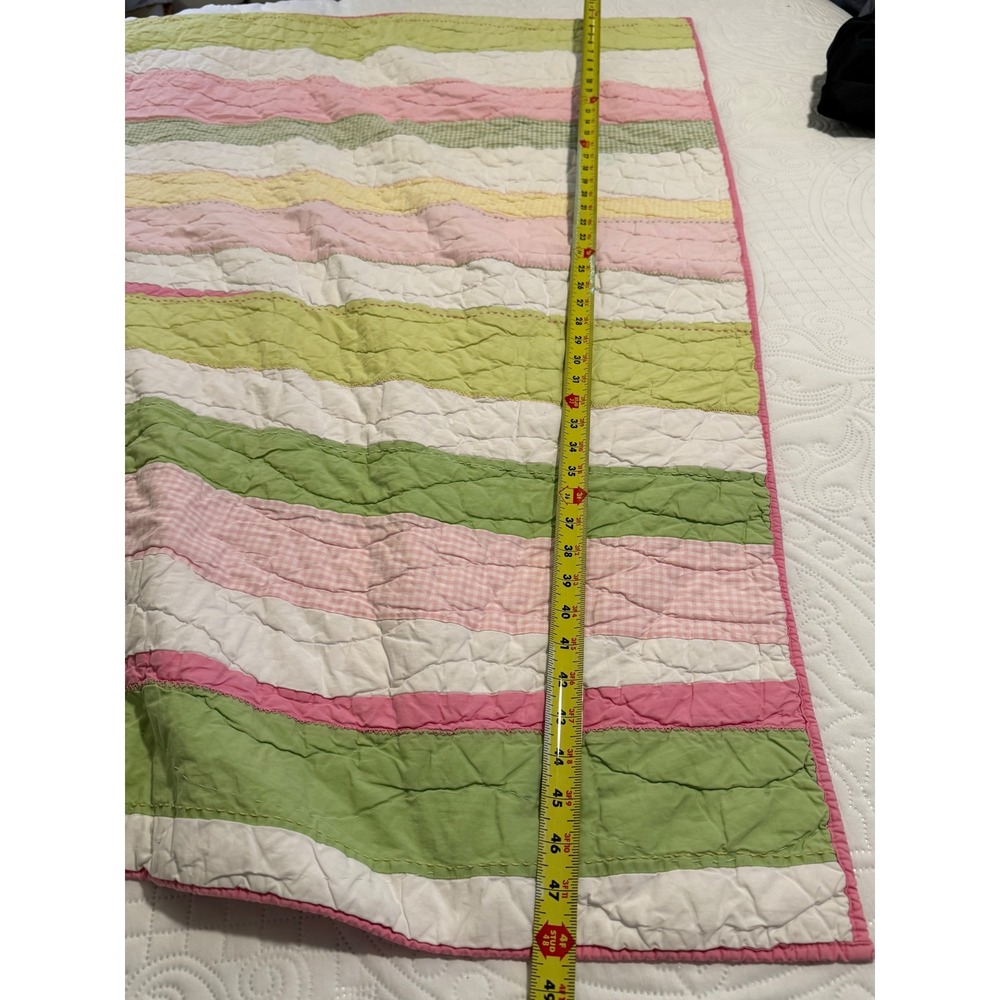 Pottery Barn Kids Quilt Blanket Pink Green Yellow Gingham Striped 34x48 Throw - Picture 4 of 6